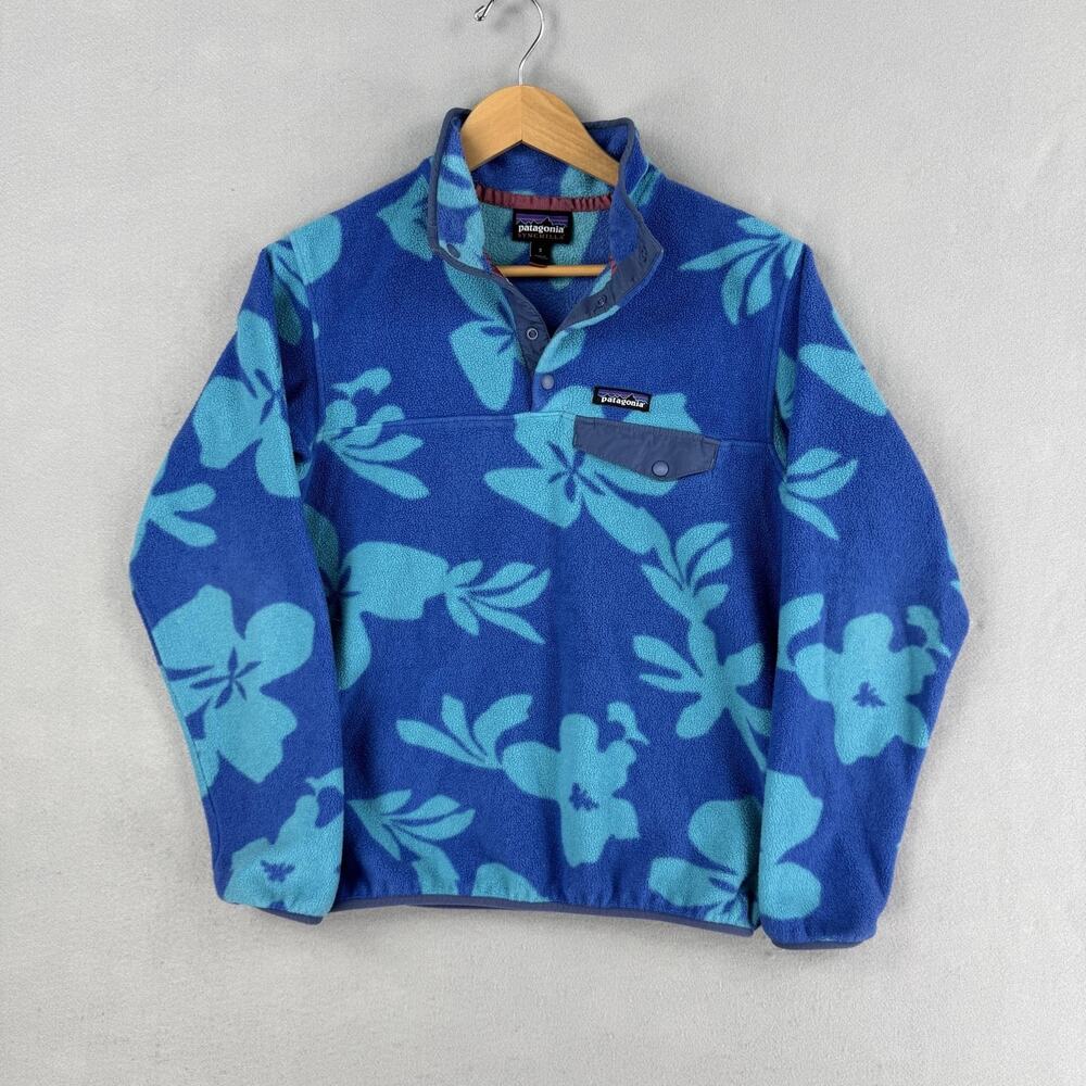 Patagonia Synchilla Jacket Womens Small Blue Floral Fleece Snap-T Pullover